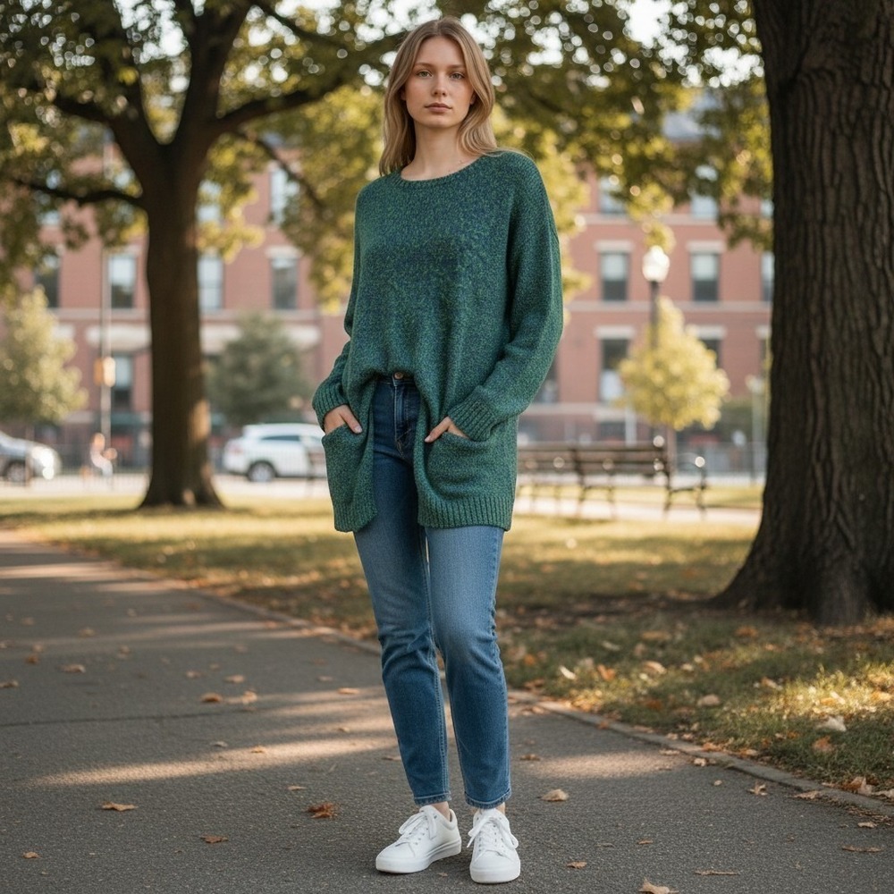 J. Jill Crewneck Marled Blue-Green Knit Sweater Tunic Double Pocket S oversized